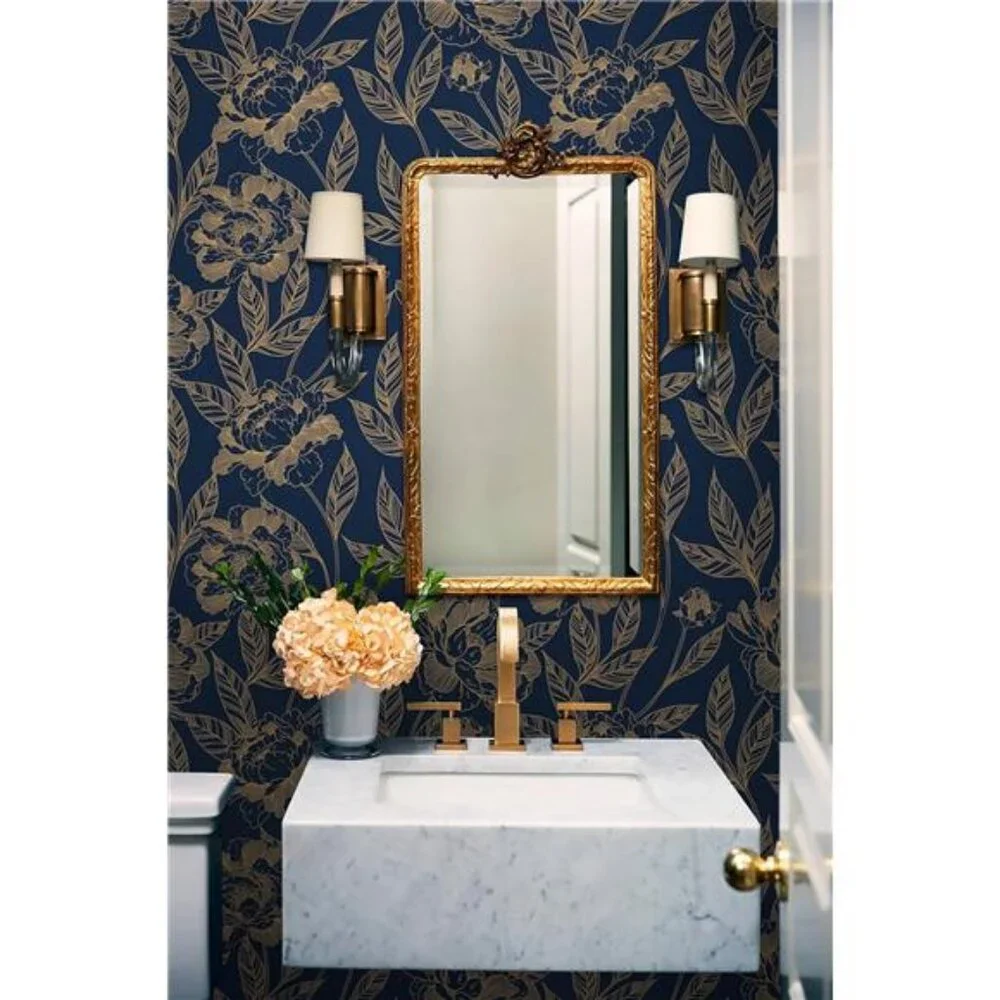 Vinjiasin Peel and Stick Wallpaper Blue and Gold Floral Contact Paper Modern